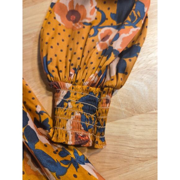 Free People Mustard Yellow Floral Long Sleeve Knee Length Dress Size 4 Elastic - Picture 6 of 15